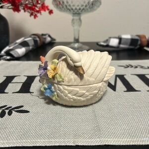 Capodimonte Vintage Ivory Swan Bisque Trinket Dish with Intricate Pastel Flowers